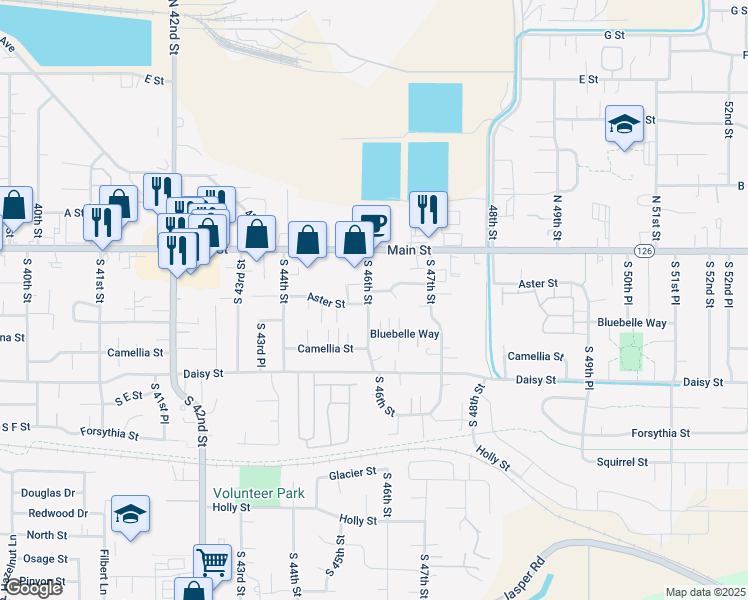 map of restaurants, bars, coffee shops, grocery stores, and more near 4604 Aster Street in Springfield