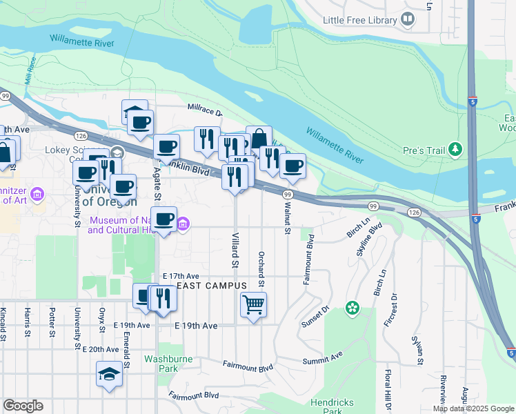 map of restaurants, bars, coffee shops, grocery stores, and more near 1998 Oregon 99 in Eugene