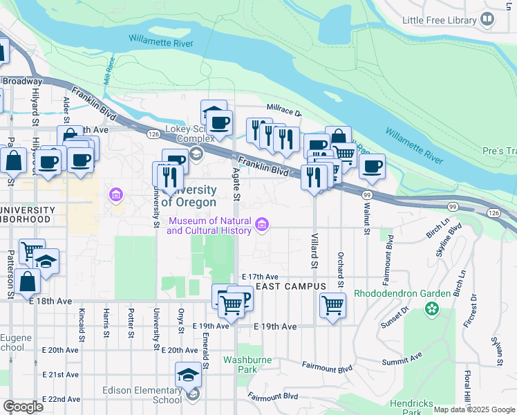 map of restaurants, bars, coffee shops, grocery stores, and more near 1355 Agate Street in Eugene