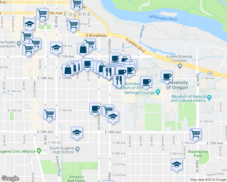 map of restaurants, bars, coffee shops, grocery stores, and more near 751 East 14th Avenue in Eugene