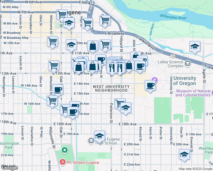 map of restaurants, bars, coffee shops, grocery stores, and more near 585 East 14th Avenue in Eugene