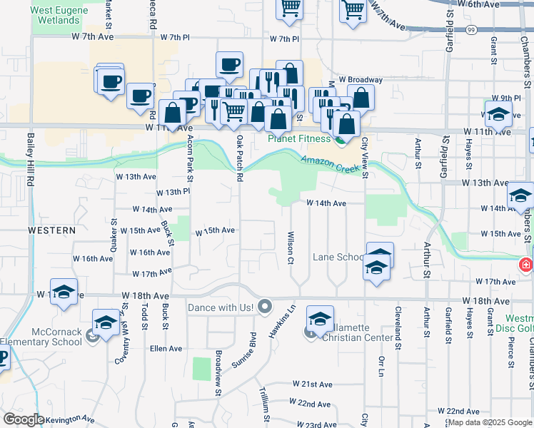map of restaurants, bars, coffee shops, grocery stores, and more near 1333 Oak Patch Road in Eugene