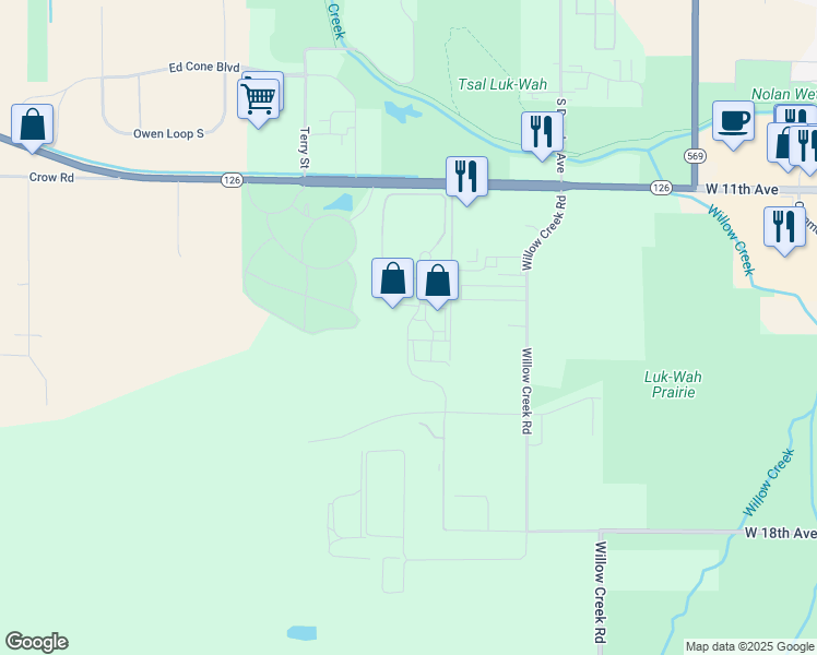 map of restaurants, bars, coffee shops, grocery stores, and more near 1500 Westec Drive in Eugene