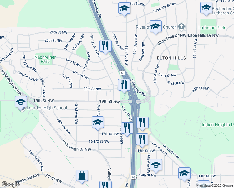 map of restaurants, bars, coffee shops, grocery stores, and more near 1930 18 1/2 Avenue Northwest in Rochester