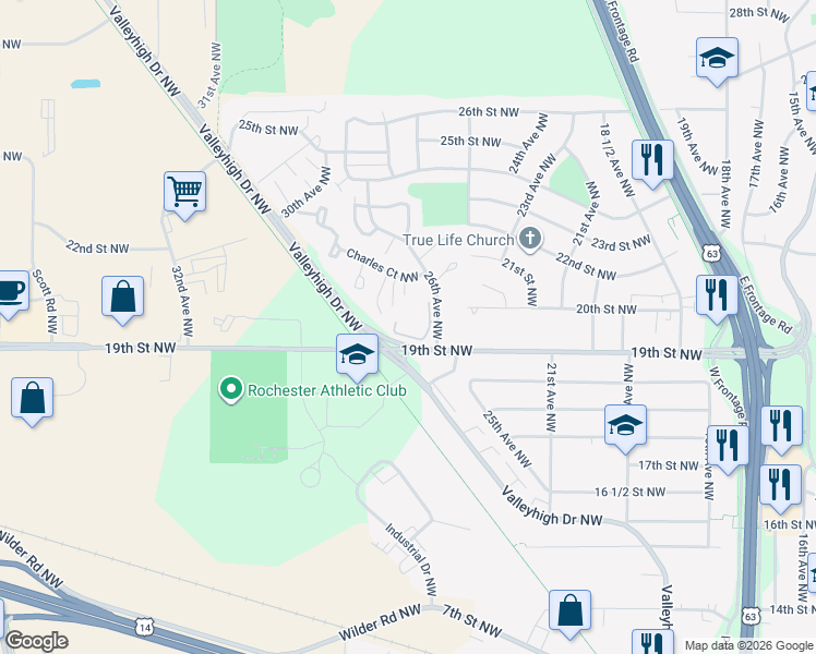 map of restaurants, bars, coffee shops, grocery stores, and more near 2666 Charles Court Northwest in Rochester