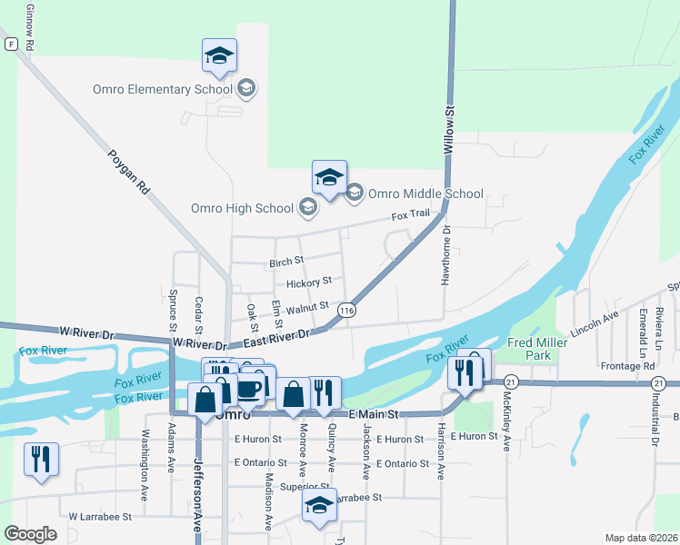 map of restaurants, bars, coffee shops, grocery stores, and more near 610 Pine Street in Omro