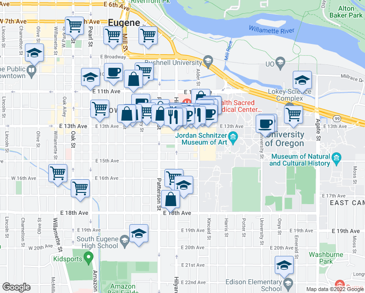 map of restaurants, bars, coffee shops, grocery stores, and more near 751 East 14th Avenue in Eugene