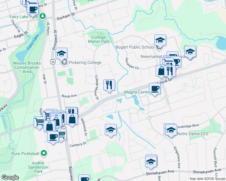 map of restaurants, bars, coffee shops, grocery stores, and more near in Newmarket