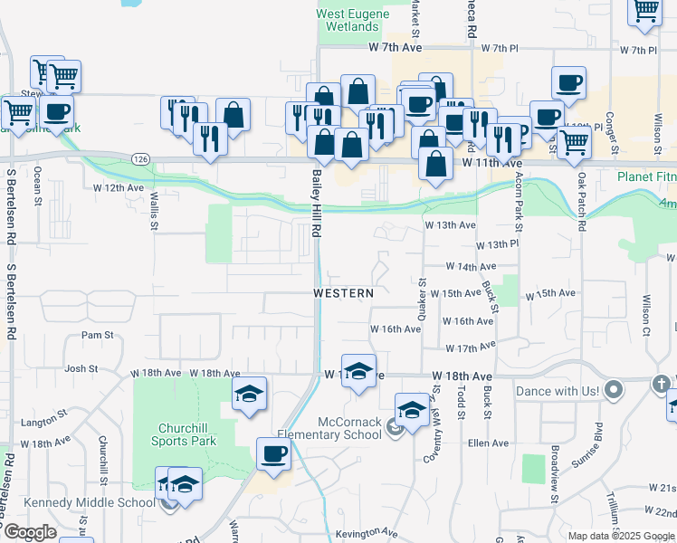 map of restaurants, bars, coffee shops, grocery stores, and more near 1455 Bailey Hill Road in Eugene