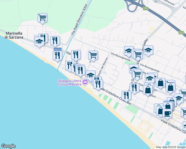 map of restaurants, bars, coffee shops, grocery stores, and more near 53 Via Comano in Marina di Carrara