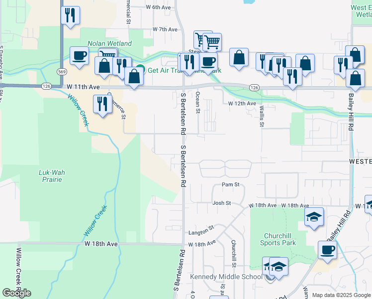 map of restaurants, bars, coffee shops, grocery stores, and more near 1369 South Bertelsen Road in Eugene