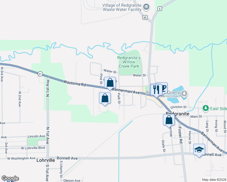 map of restaurants, bars, coffee shops, grocery stores, and more near 528 West Bannerman Avenue in Redgranite