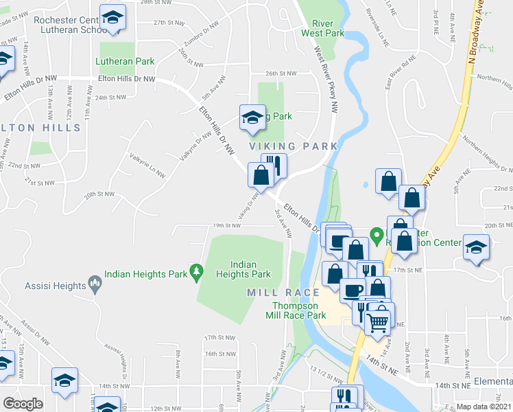 map of restaurants, bars, coffee shops, grocery stores, and more near 1932 Viking Drive Northwest in Rochester