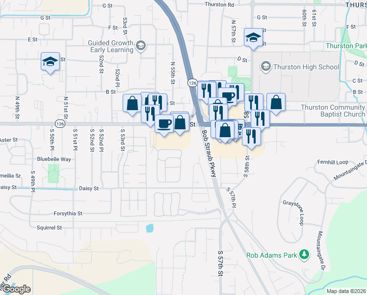 map of restaurants, bars, coffee shops, grocery stores, and more near 5531 Main Street in Springfield