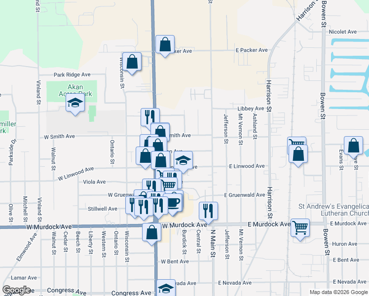 map of restaurants, bars, coffee shops, grocery stores, and more near 202 Allen Avenue in Oshkosh