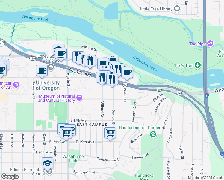 map of restaurants, bars, coffee shops, grocery stores, and more near 1410 Orchard Street in Eugene