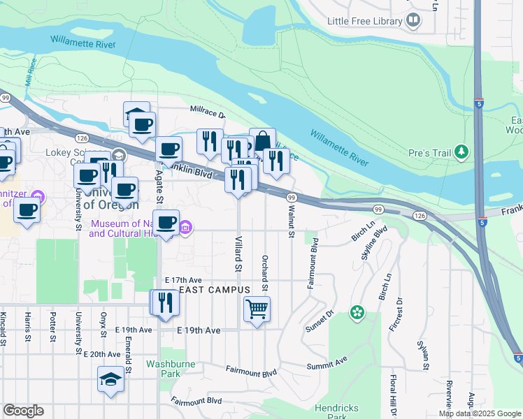 map of restaurants, bars, coffee shops, grocery stores, and more near 1410 Orchard Street in Eugene