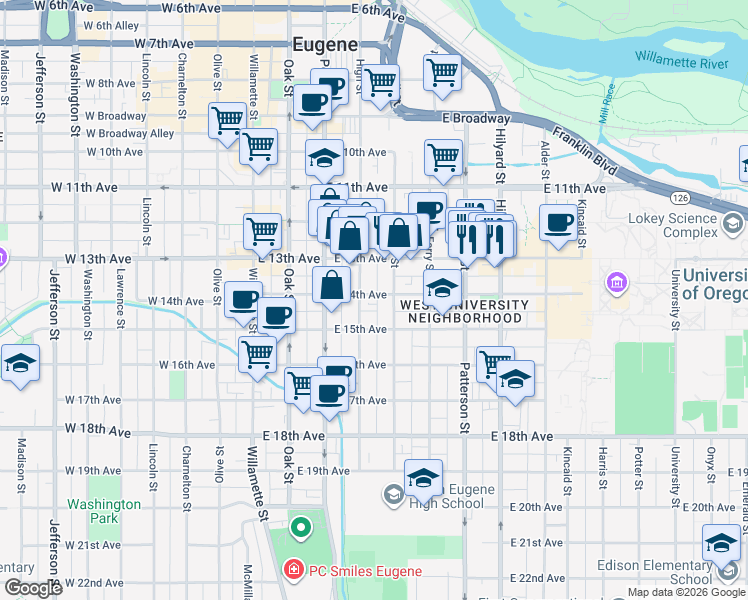 map of restaurants, bars, coffee shops, grocery stores, and more near 344 East 14th Avenue in Eugene