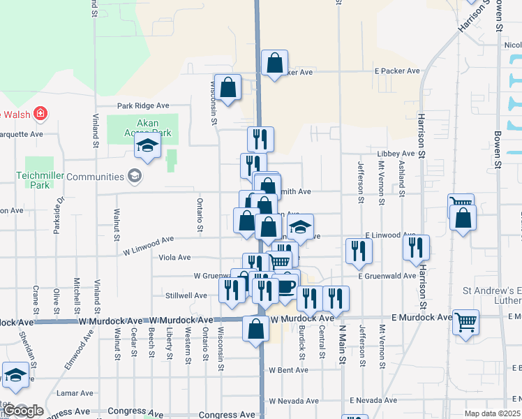 map of restaurants, bars, coffee shops, grocery stores, and more near 2222 Jackson Street in Oshkosh