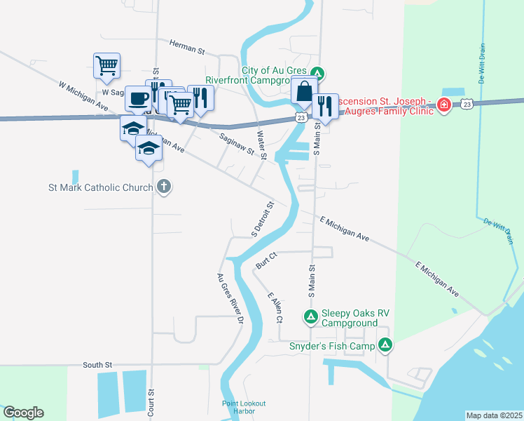 map of restaurants, bars, coffee shops, grocery stores, and more near 510 South Detroit Street in Au Gres