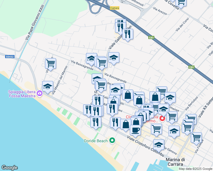 map of restaurants, bars, coffee shops, grocery stores, and more near 135 Via dei Mille in Carrara