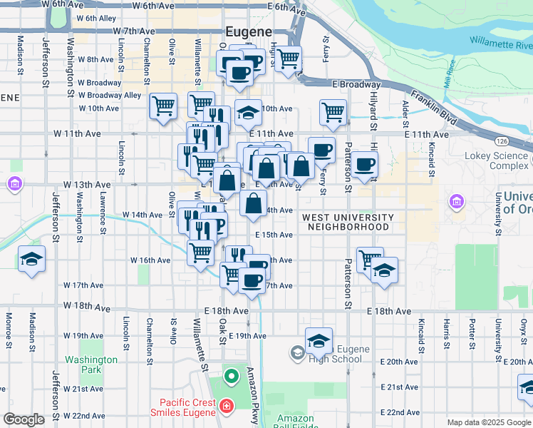 map of restaurants, bars, coffee shops, grocery stores, and more near 1390 High Street in Eugene