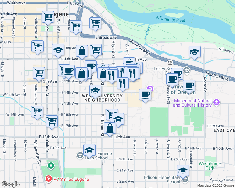 map of restaurants, bars, coffee shops, grocery stores, and more near 734 East 14th Avenue in Eugene