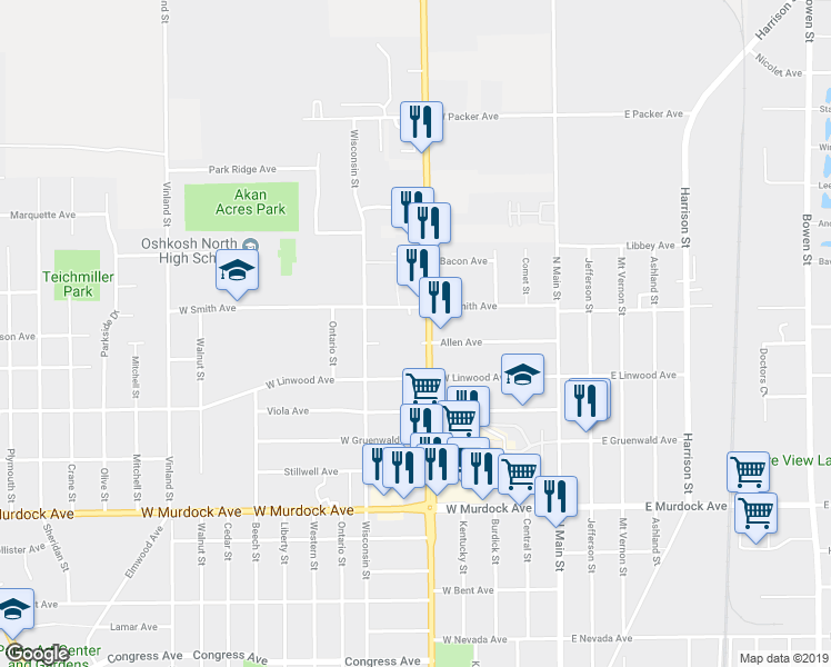 map of restaurants, bars, coffee shops, grocery stores, and more near 2201 Jackson Street in Oshkosh