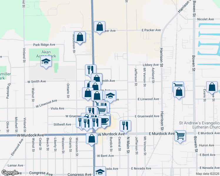 map of restaurants, bars, coffee shops, grocery stores, and more near 202 Allen Avenue in Oshkosh