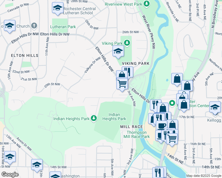 map of restaurants, bars, coffee shops, grocery stores, and more near 1923 Viking Drive Northwest in Rochester
