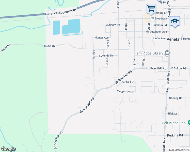 map of restaurants, bars, coffee shops, grocery stores, and more near 87941 10th Street in Veneta