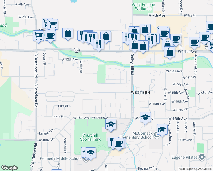 map of restaurants, bars, coffee shops, grocery stores, and more near 3692 Phantom Way in Eugene