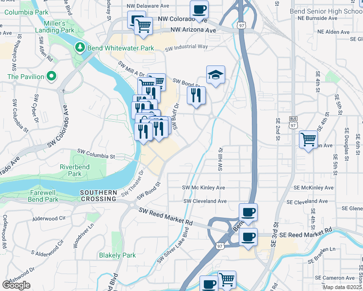 map of restaurants, bars, coffee shops, grocery stores, and more near 595 Southwest Bluff Drive in Bend