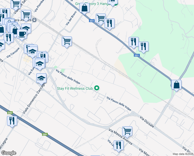 map of restaurants, bars, coffee shops, grocery stores, and more near 35 Via Antica Massa in Carrara