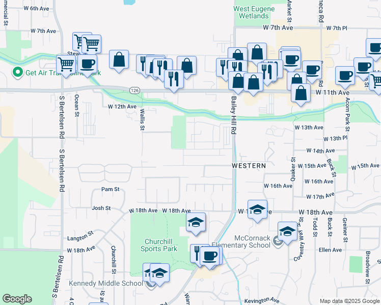 map of restaurants, bars, coffee shops, grocery stores, and more near 3688 Phantom Way in Eugene