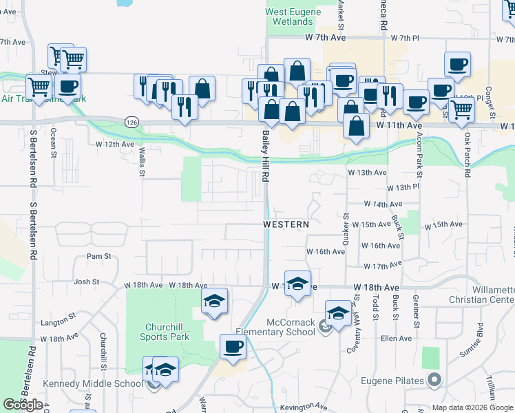 map of restaurants, bars, coffee shops, grocery stores, and more near 3604 Phantom Way in Eugene