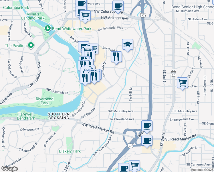 map of restaurants, bars, coffee shops, grocery stores, and more near 595 Southwest Bluff Drive in Bend