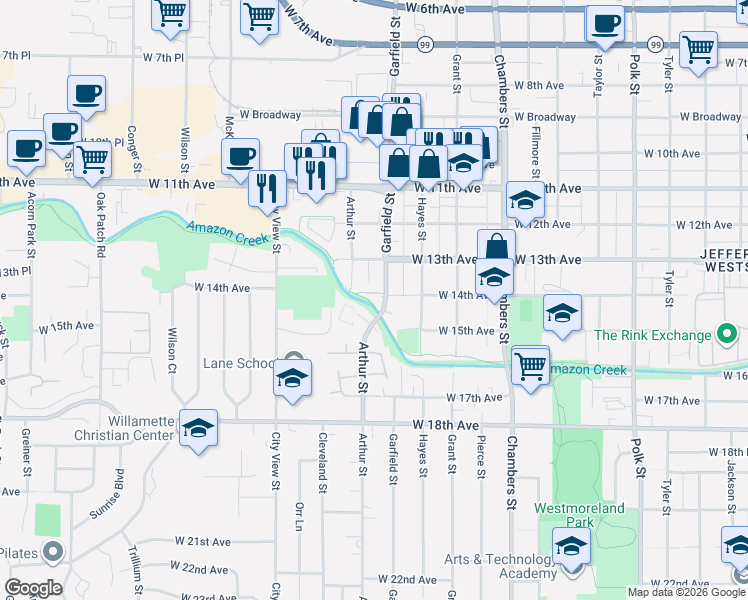 map of restaurants, bars, coffee shops, grocery stores, and more near 2122 West 14th Court in Eugene