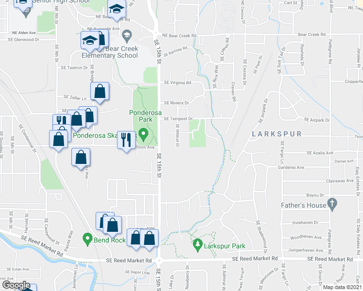 map of restaurants, bars, coffee shops, grocery stores, and more near 550 Southeast Wildcat Drive in Bend