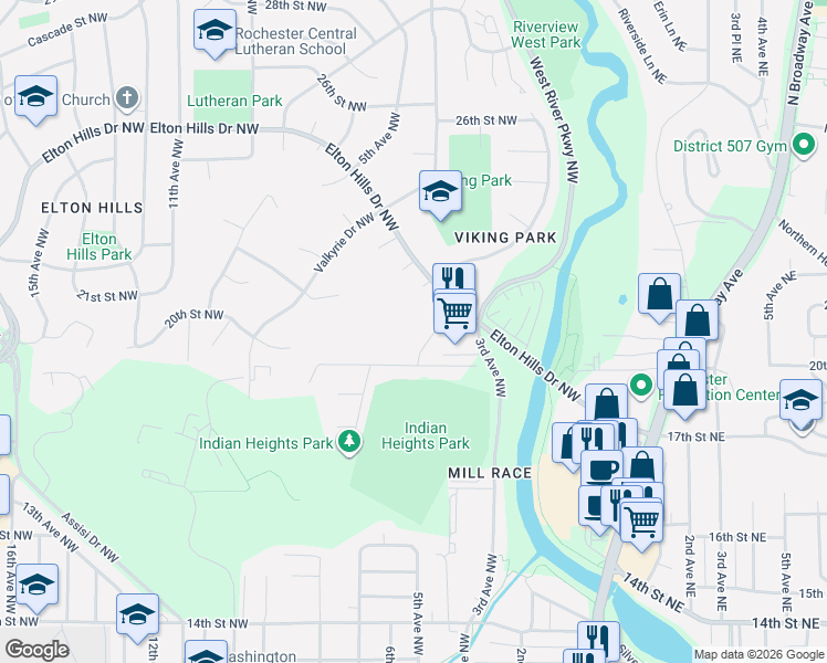map of restaurants, bars, coffee shops, grocery stores, and more near 1923 Viking Drive Northwest in Rochester