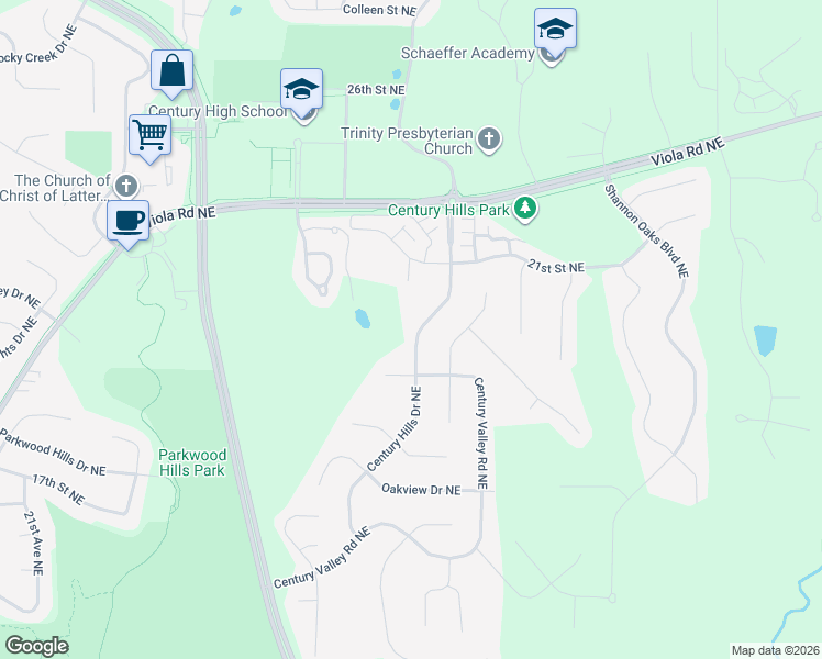 map of restaurants, bars, coffee shops, grocery stores, and more near 2021 Century Hills Drive Northeast in Rochester