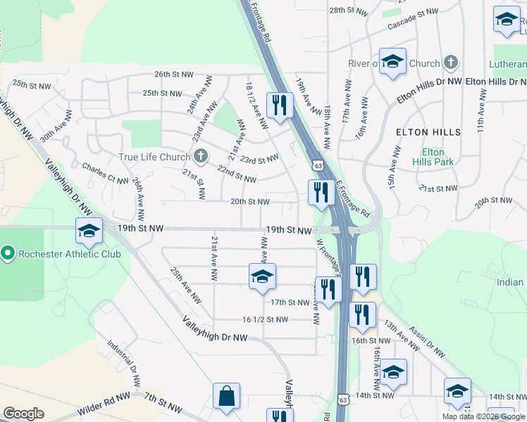 map of restaurants, bars, coffee shops, grocery stores, and more near 1920 19th Avenue Northwest in Rochester