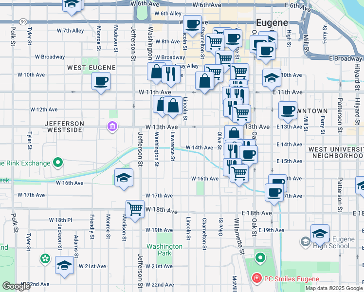 map of restaurants, bars, coffee shops, grocery stores, and more near 1379 Lincoln Alley in Eugene