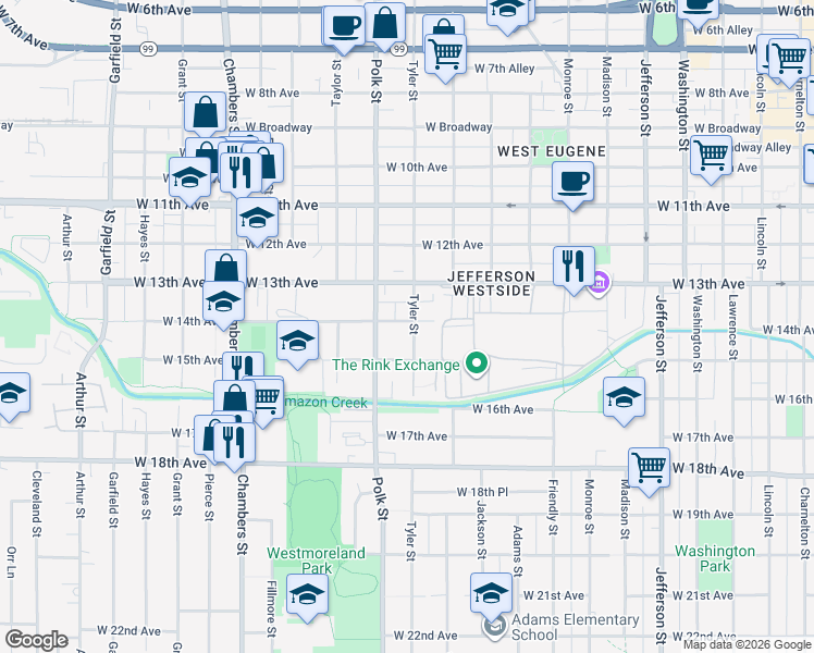 map of restaurants, bars, coffee shops, grocery stores, and more near 1391 Tyler Street in Eugene