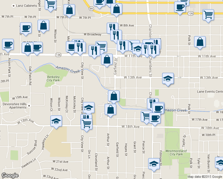 map of restaurants, bars, coffee shops, grocery stores, and more near 2122 West 14th Court in Eugene