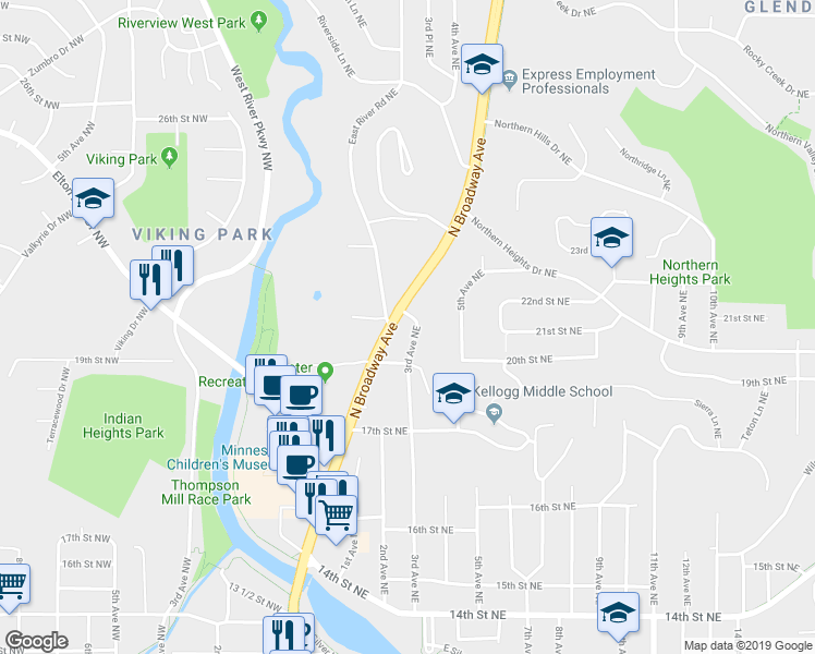map of restaurants, bars, coffee shops, grocery stores, and more near 1943 3rd Avenue Northeast in Rochester