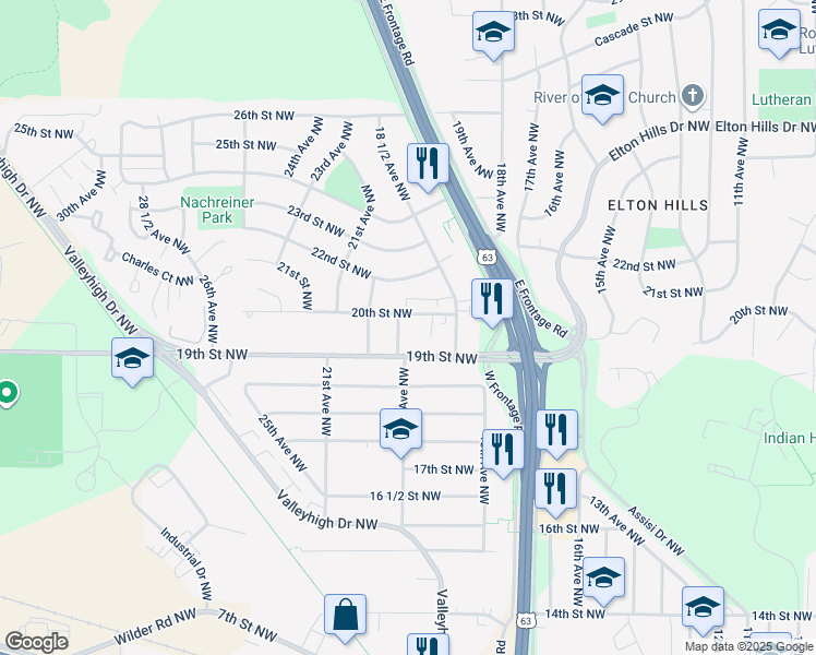 map of restaurants, bars, coffee shops, grocery stores, and more near 1929 19th Avenue Northwest in Rochester