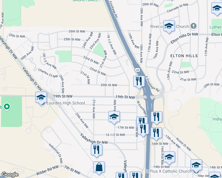 map of restaurants, bars, coffee shops, grocery stores, and more near 1929 19th Avenue Northwest in Rochester