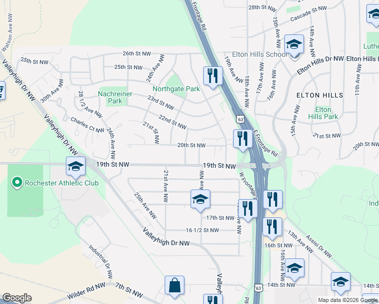 map of restaurants, bars, coffee shops, grocery stores, and more near 1929 19th Avenue Northwest in Rochester