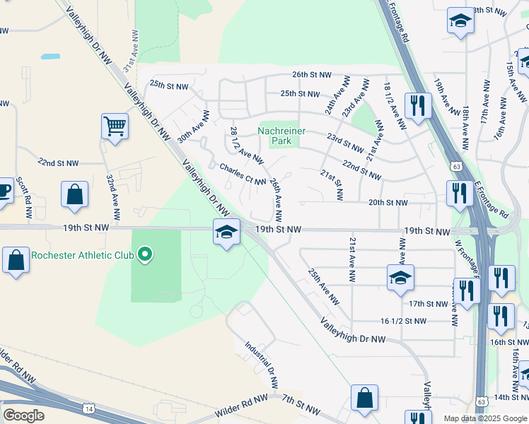 map of restaurants, bars, coffee shops, grocery stores, and more near 1905 26th Avenue Northwest in Rochester